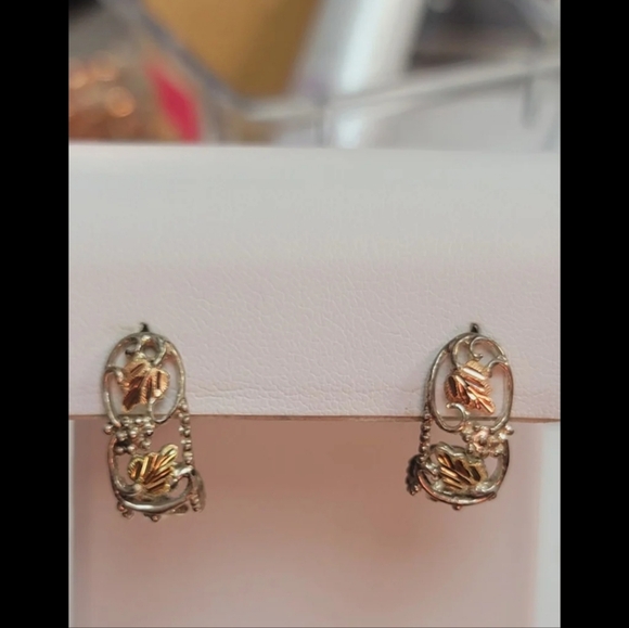 E184Black Hills Gold J Hoop Earrings.Exquisite Sterling Silver and 12K Gold
